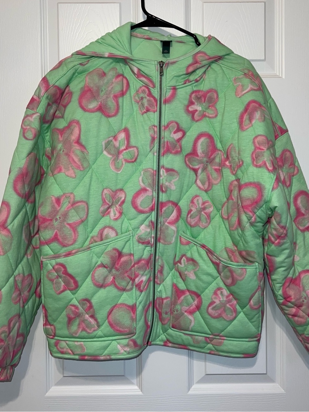 Kids Quilted Hooded Jacket - Mint Green with Pink Floral